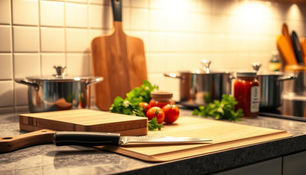 a well-lit kitchen countertop with various cooking implements and ingredients arranged neatly, including a cutting board, a chef's knife, a saucepan, a jar of tomato sauce, and fresh herbs. The lighting is warm and inviting, creating a cozy and professional atmosphere. The camera angle is slightly elevated, providing a clear and comprehensive view of the scene. The composition is balanced and visually appealing, with a sense of order and attention to detail. The image conveys a sense of safety, cleanliness, and good cooking practices.